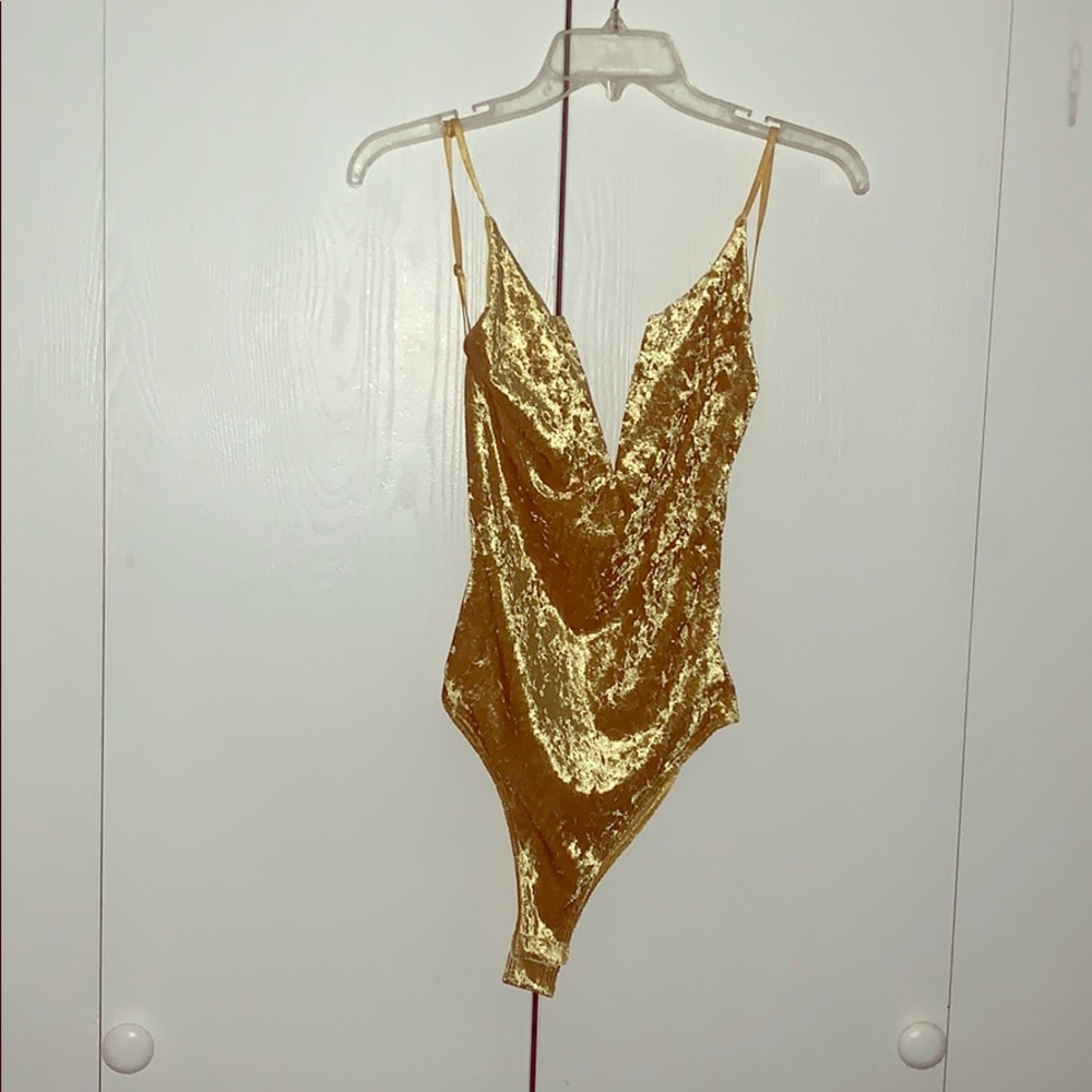 Yellow / gold open back velvet v-neck bodysuit